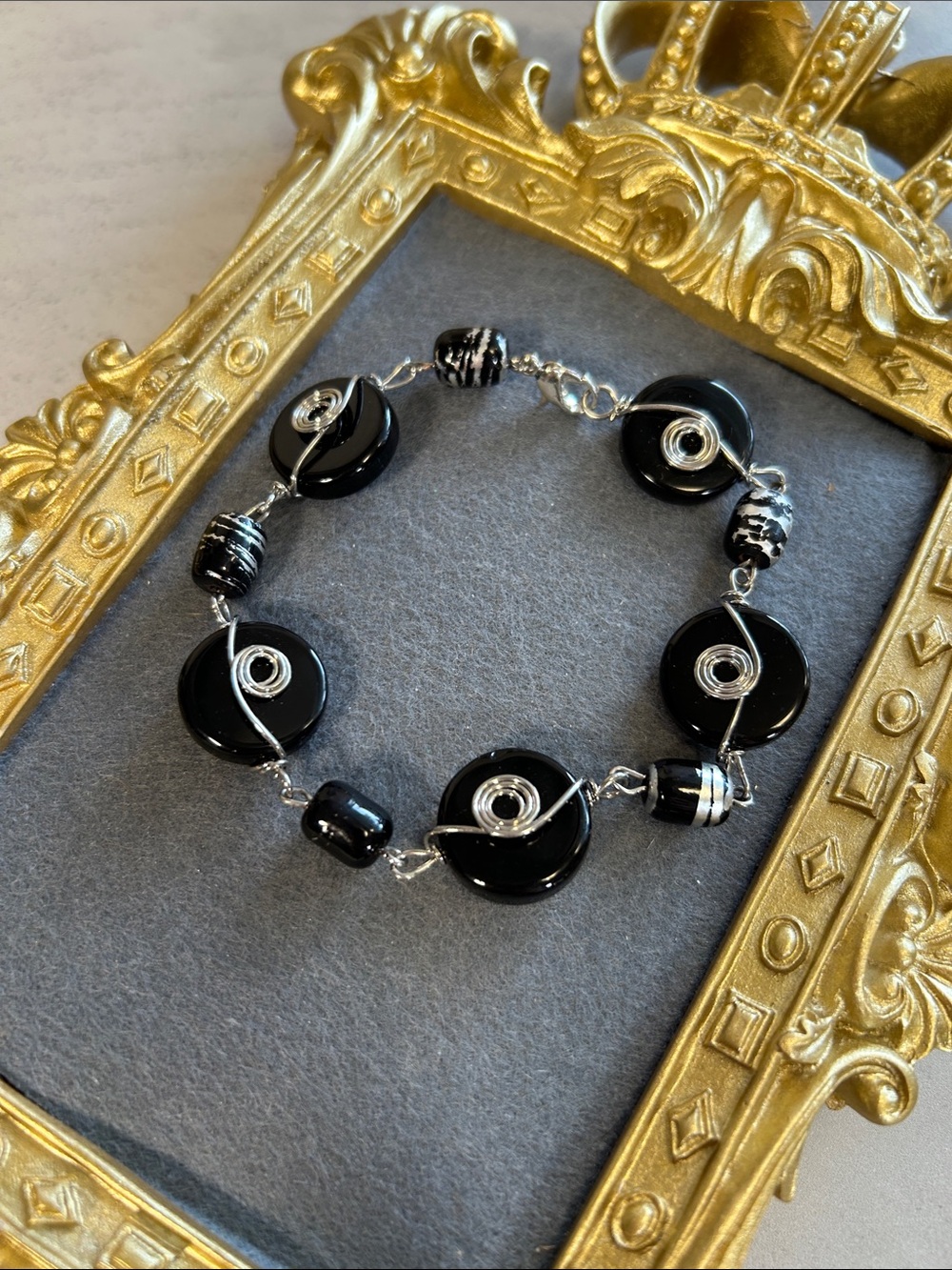 Handmade Black Glass Bead Bracelet with Silver Accents